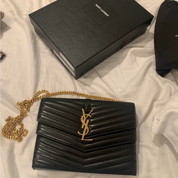 YSL Sulpice Black Quilted Double Flap Wallet on a Chain - Picture 12 of 16